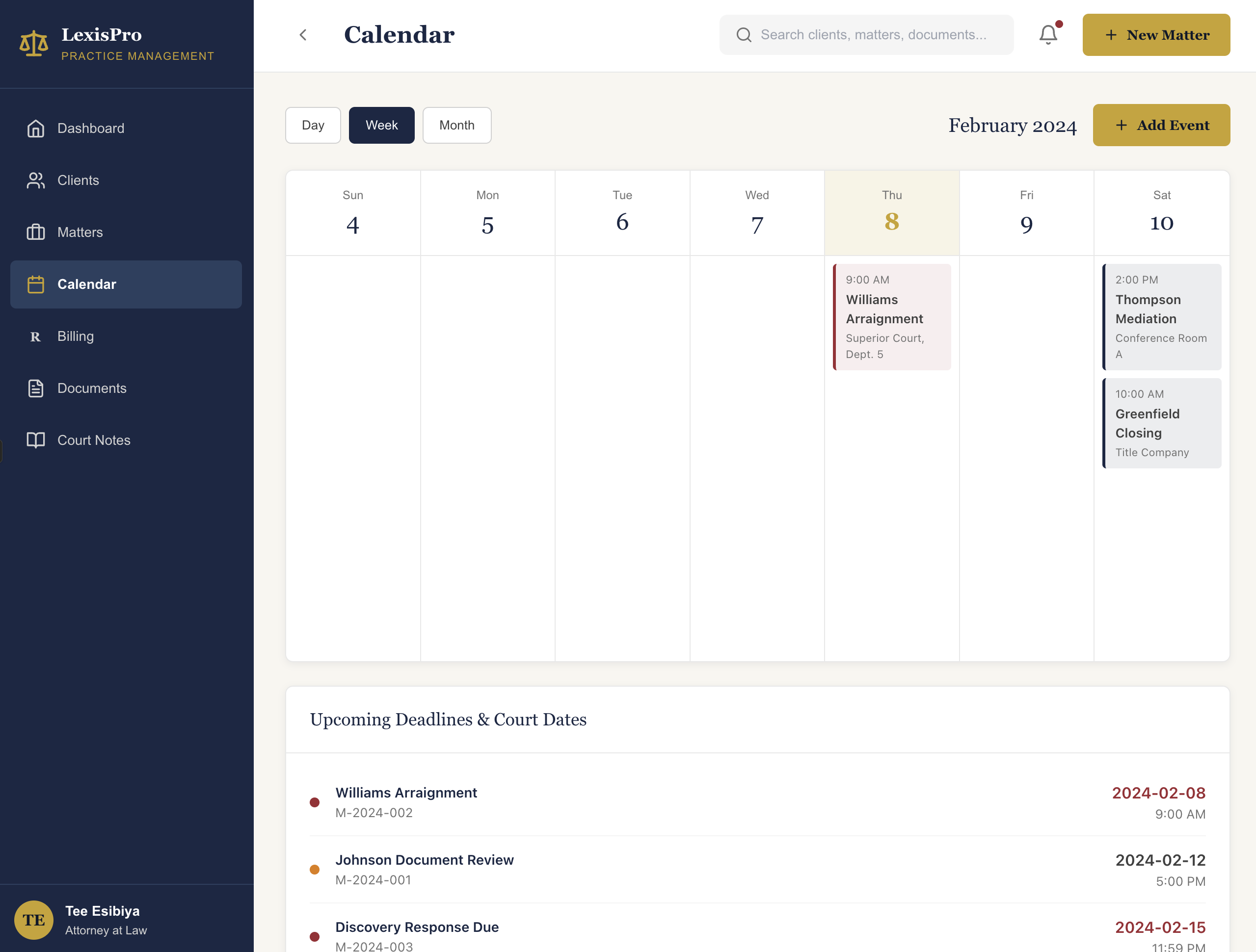 Calendar view with events and deadlines