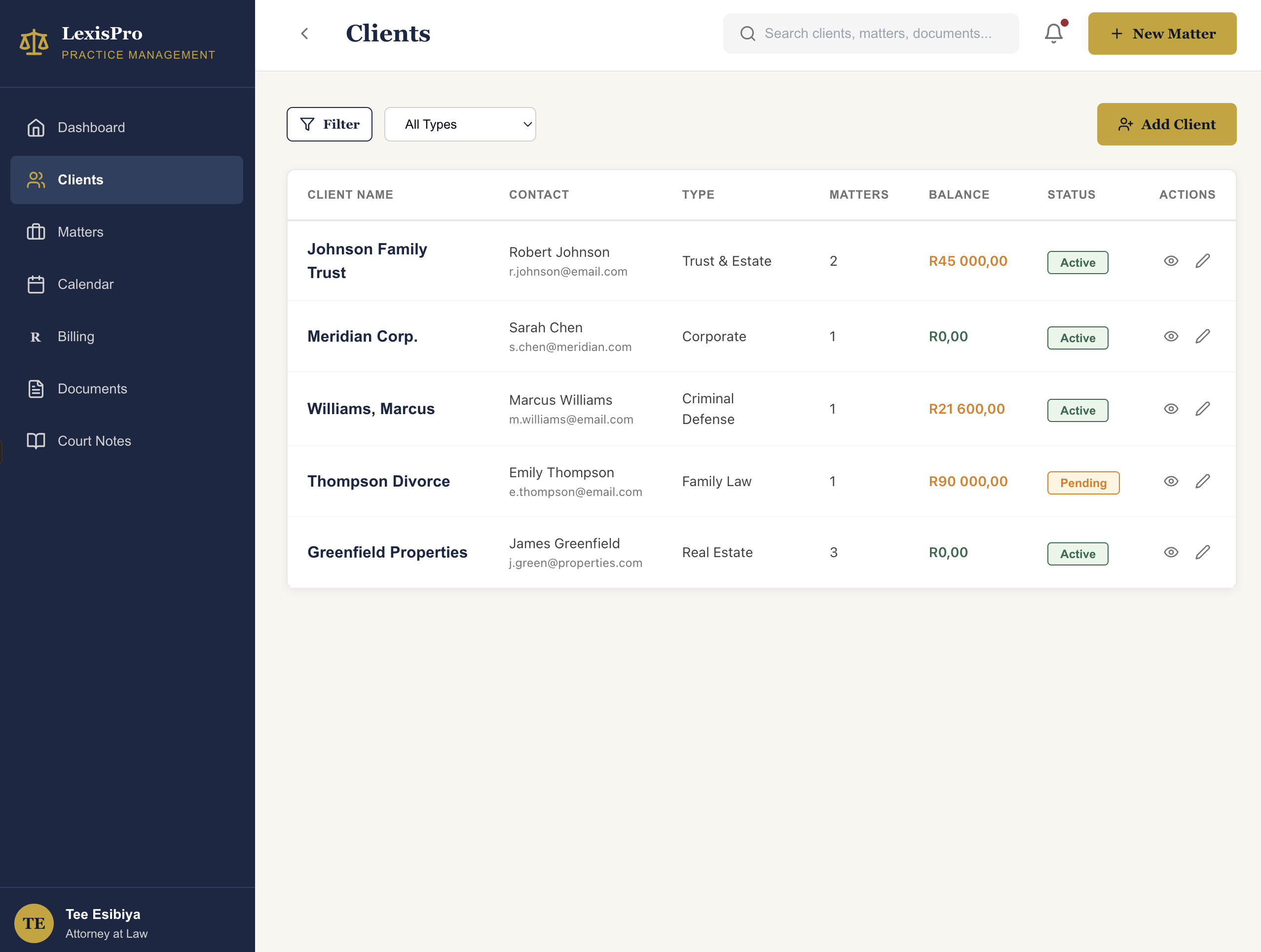 Client management table with statuses and balances