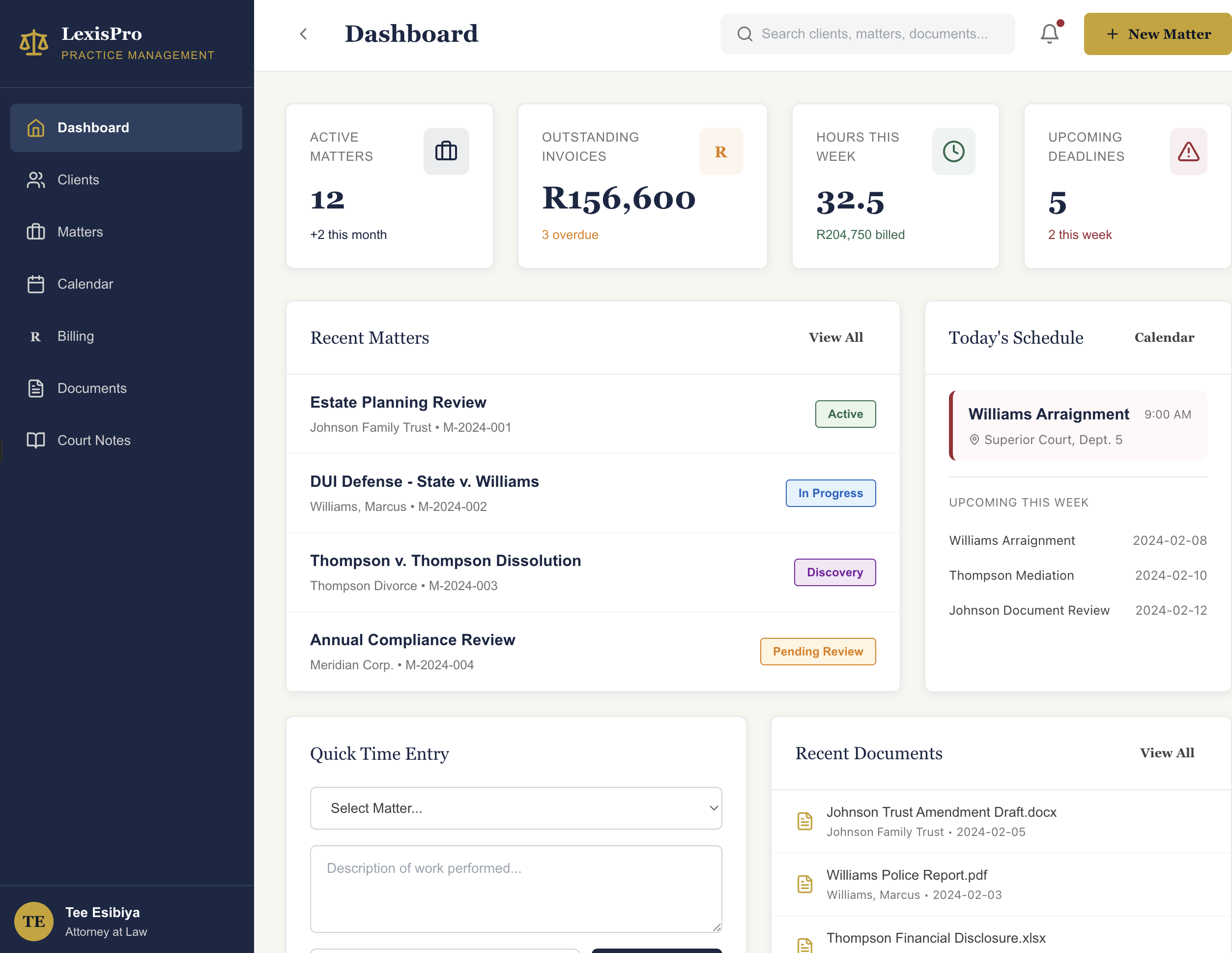 Admin dashboard with KPIs, matters, and schedule