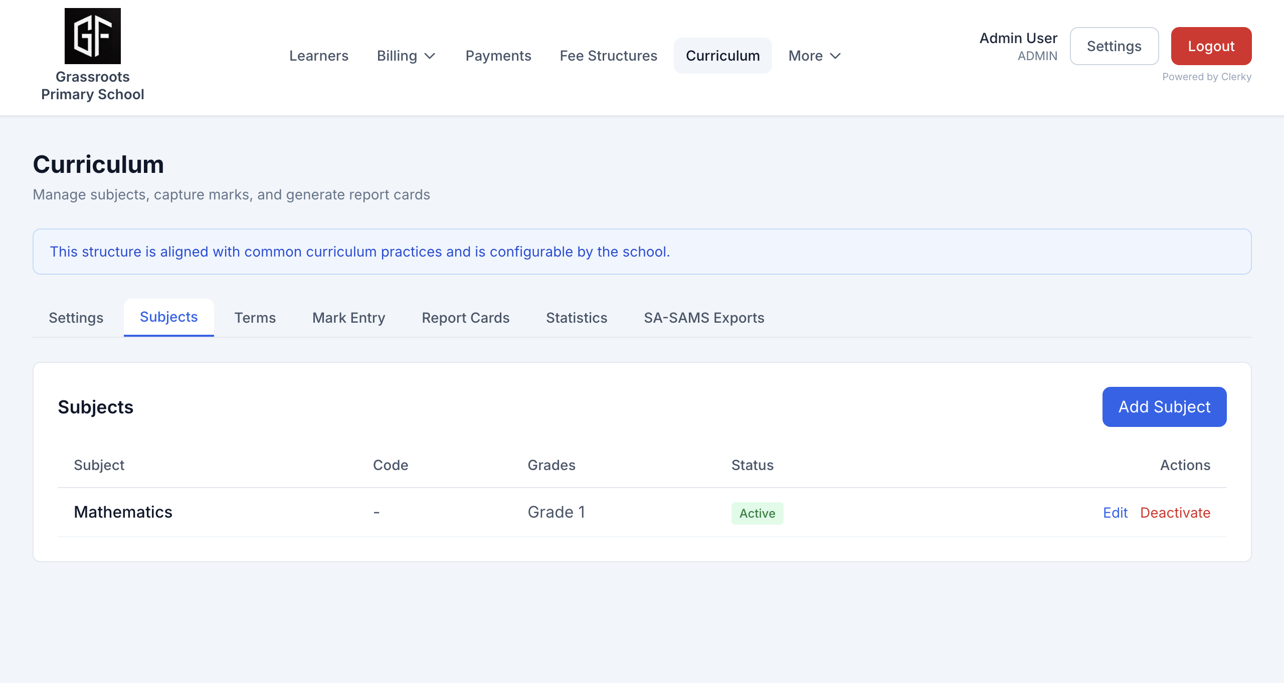 Curriculum subjects and mark entry