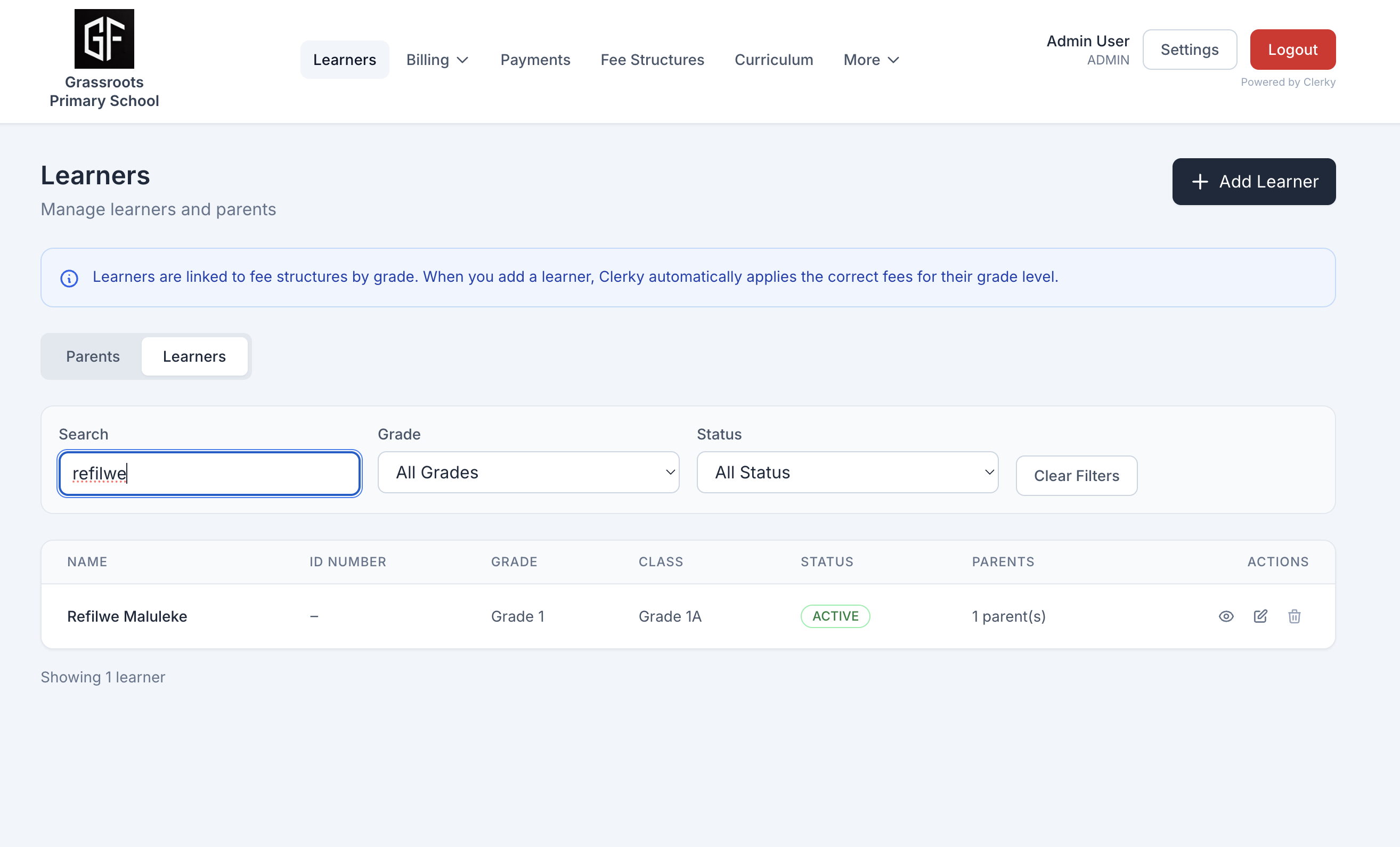 Learner management with search and filters