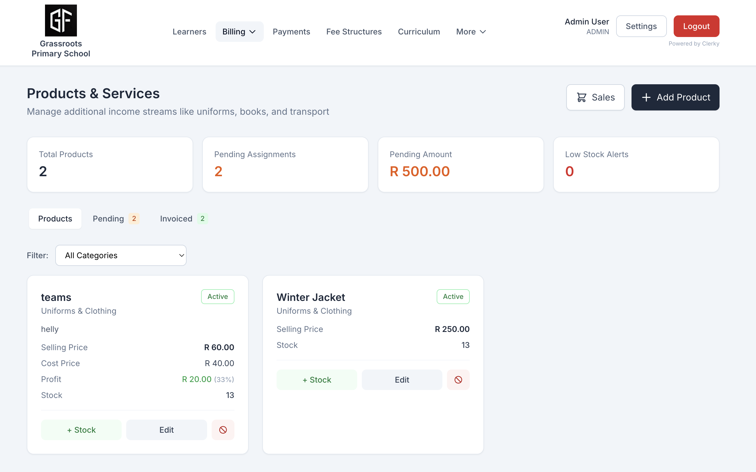 Products and services with stock management